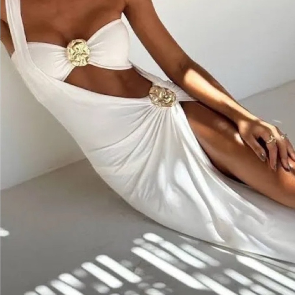 SET bikini and coverup: Commense White Ruched One Shoulder Bodycon Swim gold